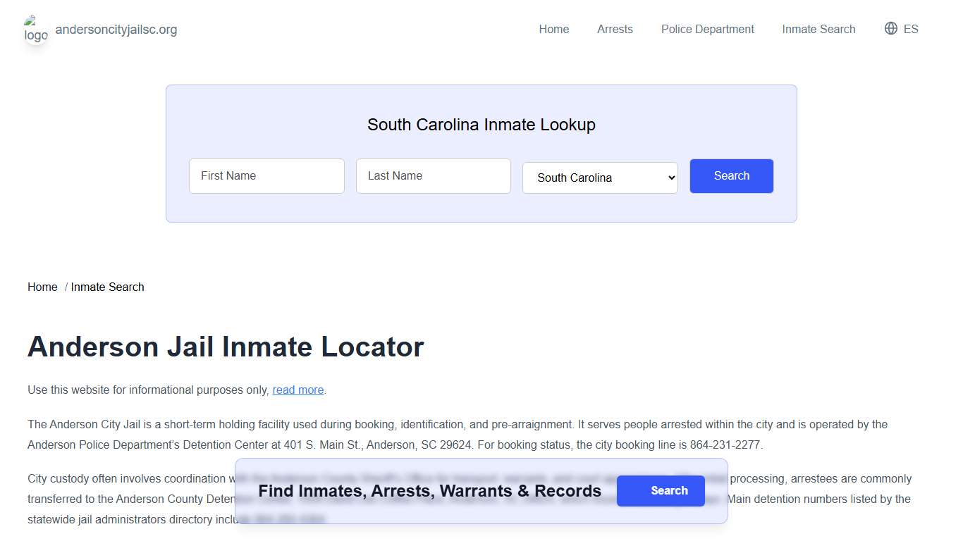 Anderson, SC Municipal Jail Inmate Search